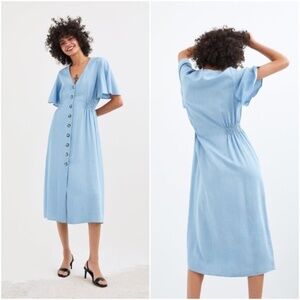 Zara tencel chambray denim button front midi dress - XS